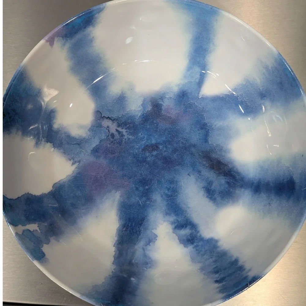 Max Studio Home Melamine Pasta Bowl Set 4 Blue White Watercolor Abstract Dot 8in